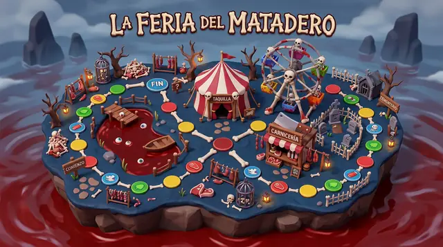Arte conceptual del tablero La Feria del Matadero, una isla con carpa de circo, vuelta al mundo y carnicería sobre un lago de sangre